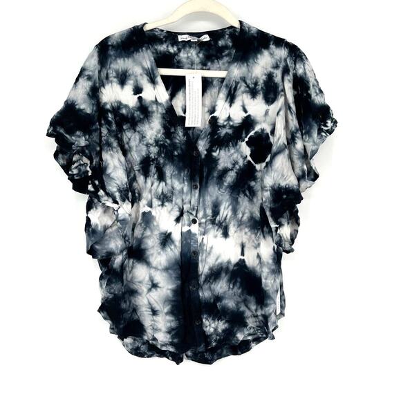 Young Fabulous & Broke Boho Black White Blouse Tie Dye Top Medium Flutter Sleeve - Picture 7 of 7